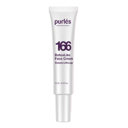 Purles 166 BotoxLike Face Cream – Beauty Liftology, 15 ml. Biała tubka z charakterystycznym, fioletowym oznaczeniem „166” , smukła forma oraz precyzyjny aplikator sugerują wygodne i higieniczne dozowanie kremu.