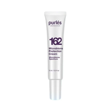krem Purles 162 Microbiome Protection Cream w poręcznej tubie 15 ml. Białe opakowanie z charakterystycznym, fioletowym oznaczeniem „162”, smukła forma oraz precyzyjny aplikator sugerują wygodne i higieniczne dozowanie kremu.