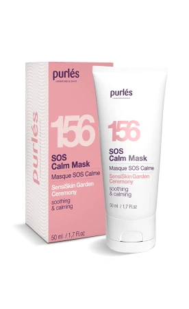 Purles 156 SOS Calm Mask w białej tubie z różowym akcentem oraz pudełku. Minimalistyczny design podkreśla kojący, łagodzący charakter maski stworzonej do pielęgnacji skóry wrażliwej, wymagającej wyciszenia i regeneracji.
