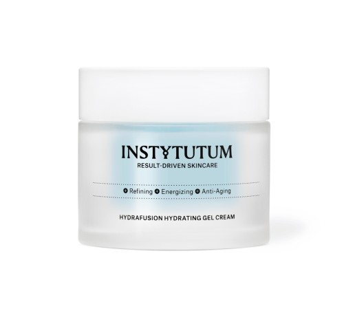 Na zdjęciu widać słoiczek kremu INSTYTUTUM Hydrafusion Hydrating Gel Cream w matowym, jasnym opakowaniu z białą zakrętką na neutralnym tle.