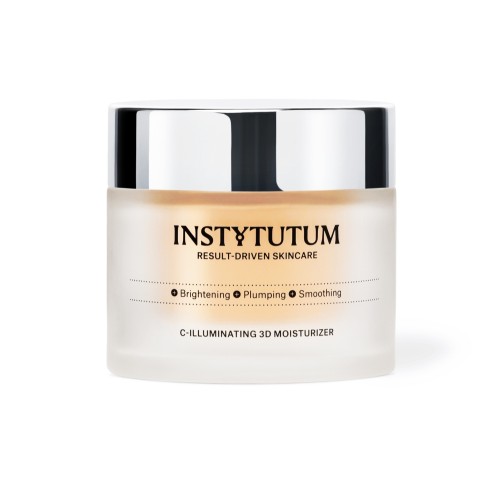 Na zdjęciu widać słoiczek kremu INSTYTUTUM C-Illuminating 3D Moisturizer z matowym, jasnym opakowaniem i srebrną zakrętką na neutralnym tle.
