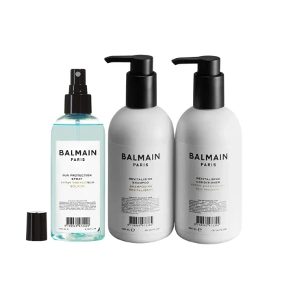 Zestaw BALMAIN Paris Revitalizing set – zestaw od reiwtalizujący włosy w eleganckim opakowaniu. Butelki o minimalistycznym, biało-czarnym designie z logo BALMAIN.