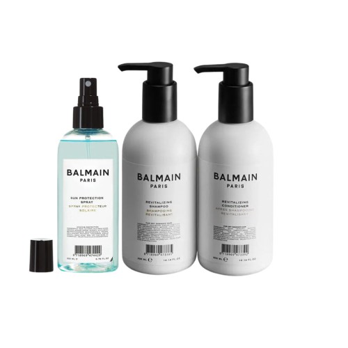 Zestaw BALMAIN Paris Revitalizing set – zestaw od reiwtalizujący włosy w eleganckim opakowaniu. Butelki o minimalistycznym, biało-czarnym designie z logo BALMAIN.