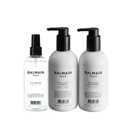 Zestaw BALMAIN Paris Revitalizing set – zestaw od reiwtalizujący włosy w eleganckim opakowaniu. Butelki o minimalistycznym, biało-czarnym designie z logo BALMAIN.