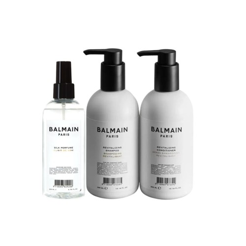 Zestaw BALMAIN Paris Revitalizing set – zestaw od reiwtalizujący włosy w eleganckim opakowaniu. Butelki o minimalistycznym, biało-czarnym designie z logo BALMAIN.
