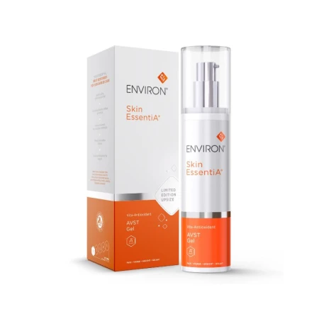 Butelka żelu ENVIRON Vita Antioxidant AVST Gel z pompką w kolorze białym i pomarańczowym, z metaliczną, srebrną nakrętką i kolorowymi napisami z nazwą.