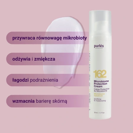 Krem Purles 162 Microbiome Protection Cream na różowym tle z próbką konsystencji. Grafika informuje, że krem przywraca równowagę mikrobioty, odżywia i zmiękcza skórę, łagodzi podrażnienia oraz wzmacnia barierę skórną.