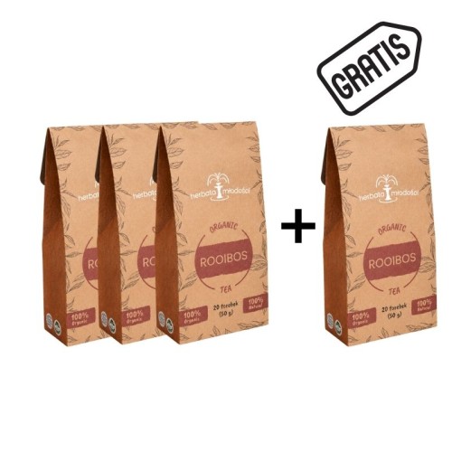 Cztery pudełka herbaty SA ROOIBOS Organic Rooibos Tea ustawione w rzędzie, z czego jedno oznaczone jako „GRATIS” zieloną etykietą. Promocja 3+1. Herbata bezkofeinowa, bogata w antyoksydanty, 100% naturalna.