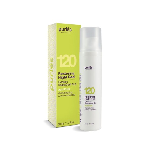 Na zdjęciu widać Purles 120 Restoring Night Peel – kosmetyk do pielęgnacji na noc w białym opakowaniu z pompką, ustawiony obok zielono-żółtego kartonika. Produkt należy do linii Acid Peels i ma pojemność 50 ml.