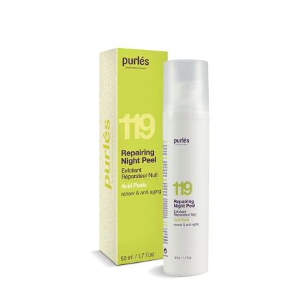 Na zdjęciu widać Purles 119 Repairing Night Peel – kosmetyk do pielęgnacji na noc w białym opakowaniu z pompką, ustawiony obok zielono-żółtego kartonika. Produkt należy do linii Acid Peels i ma pojemność 50 ml.