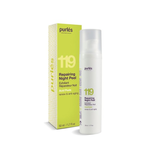 Na zdjęciu widać Purles 119 Repairing Night Peel – kosmetyk do pielęgnacji na noc w białym opakowaniu z pompką, ustawiony obok zielono-żółtego kartonika. Produkt należy do linii Acid Peels i ma pojemność 50 ml.