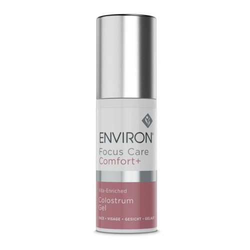 Butelka żelu Environ Focus Care Comfort+ Colostrum Gel z pompką, w kolorze białym z metaliczną, srebrną nakrętką i biało-różową etykietą.