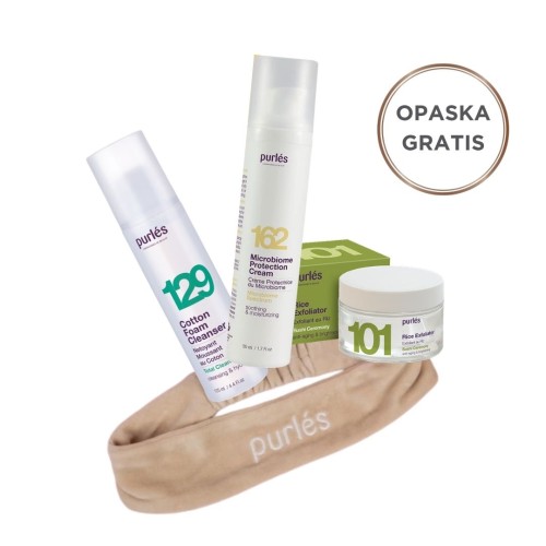 Grafika przedstawia zestaw Purlés: piankę 129 Cotton Foam Cleanser, krem 162 Microbiome Protection Cream oraz peeling 101 Rice Exfoliator. Na dole widoczna jest opaska Purlés, a obok napis „Opaska gratis”