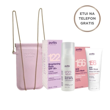 Grafika przedstawia zestaw Purlés: 122 Brightening Base SPF 50+ oraz 156 SOS Calm Mask. Obok produktów widoczne jest różowe etui na telefon na złotym łańcuszku, a w górnej części napis „Etui na telefon gratis”