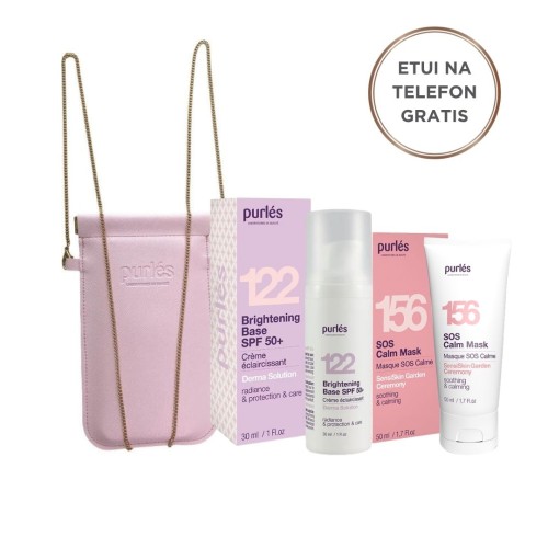 Grafika przedstawia zestaw Purlés: 122 Brightening Base SPF 50+ oraz 156 SOS Calm Mask. Obok produktów widoczne jest różowe etui na telefon na złotym łańcuszku, a w górnej części napis „Etui na telefon gratis”