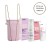 Grafika przedstawia zestaw Purlés: 122 Brightening Base SPF 50+ oraz 156 SOS Calm Mask. Obok produktów widoczne jest różowe etui na telefon na złotym łańcuszku, a w górnej części napis „Etui na telefon gratis”
