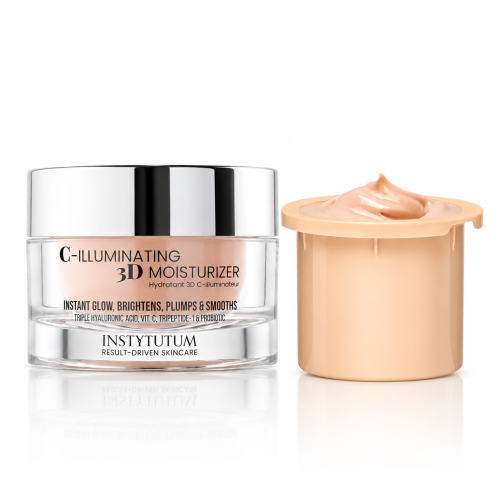 Grafika przedstawia krem INSTYTUTUM C-Illuminating 3D Moisturizer w eleganckim słoiczku ze srebrną nakrętką oraz umieszczony obok brzoskwiniowy wkład uzupełniający z kremem. Produkty zaprezentowano na białym tle.