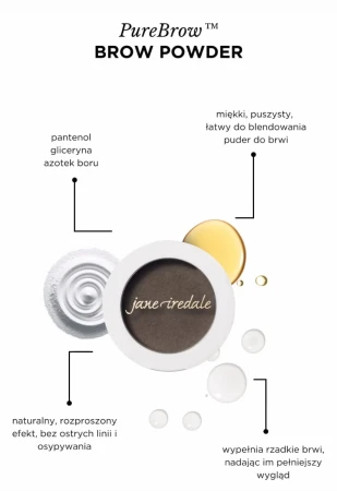 Na załączonym zdjęciu widzimy produkt marki jane iredale – PureBrow™ Brow Powder, czyli puder do brwi. Grafika zawiera opis właściwości tego kosmetyku oraz jego kluczowych składników.