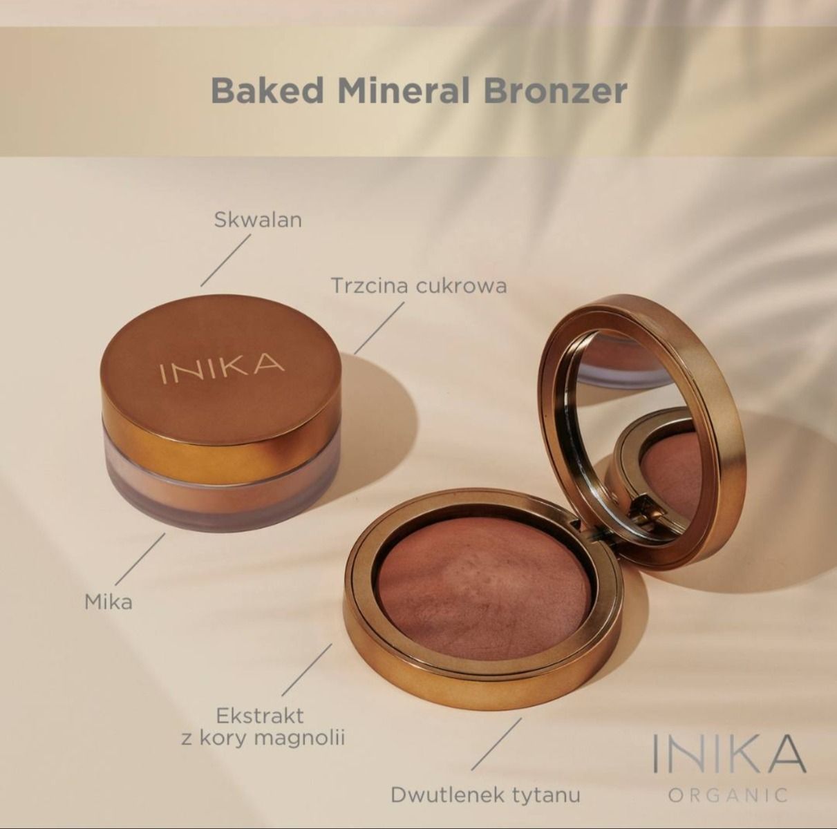 INIKA ORGANIC Baked Mineral Bronzer SUNBEAM - wegański, mineralny bronzer do konturowania twarzy 8 g 