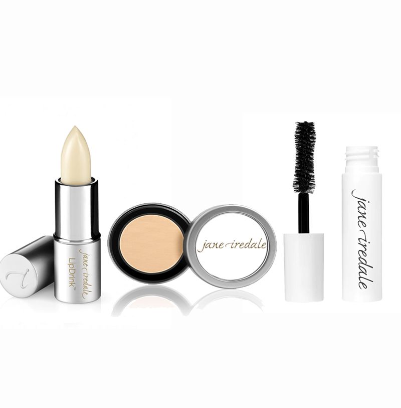 JANE IREDALE zestaw 3 mini produktów - wakacyjny zestaw podróżny: puder mineralny, pomadka z SPF i tusz do rzęs