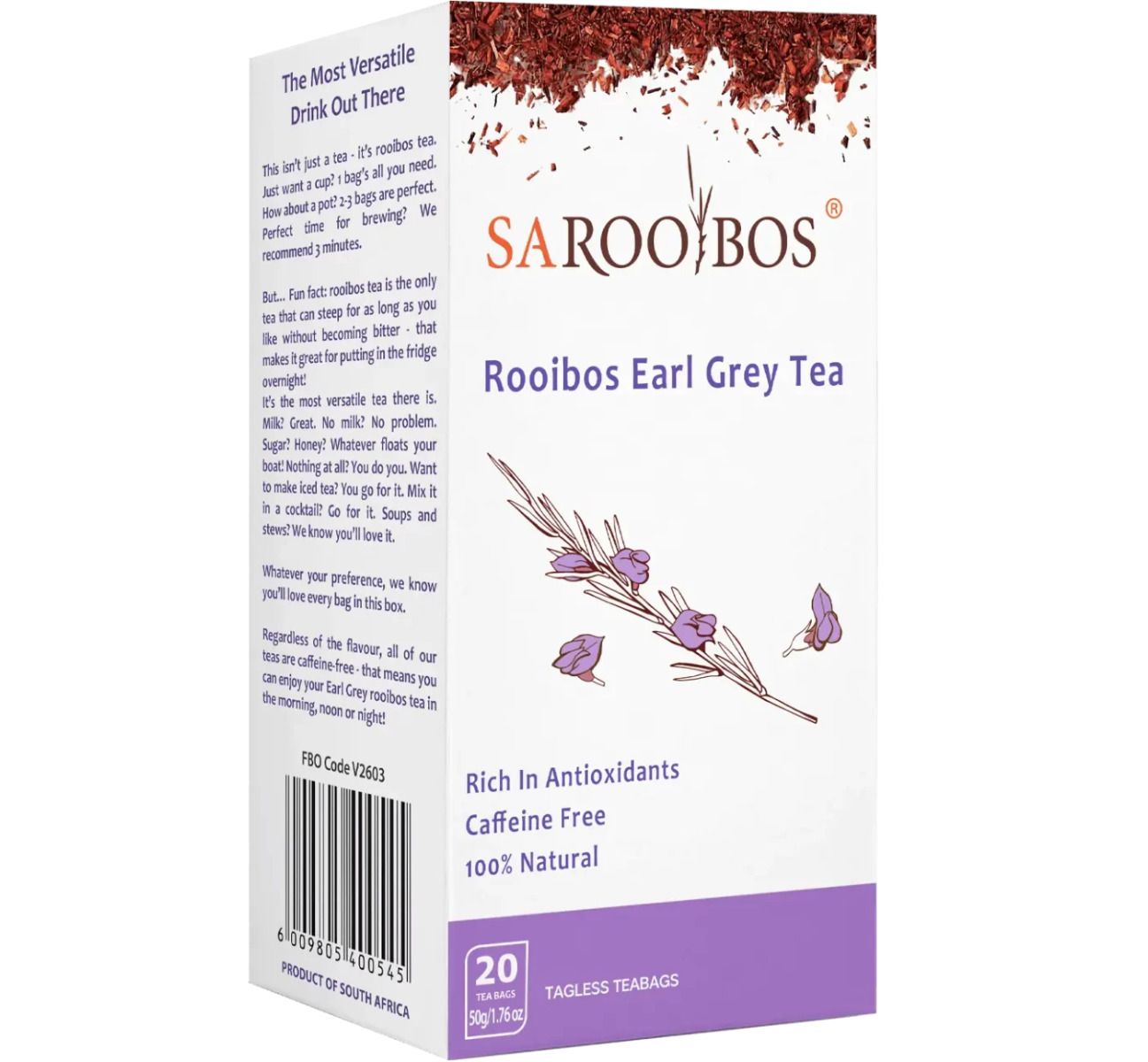 SA ROOIBOS - organiczna herbata Rooibos Earl Grey Tea, bez kofeiny, bogata w antyoksydanty, 20 saszetek