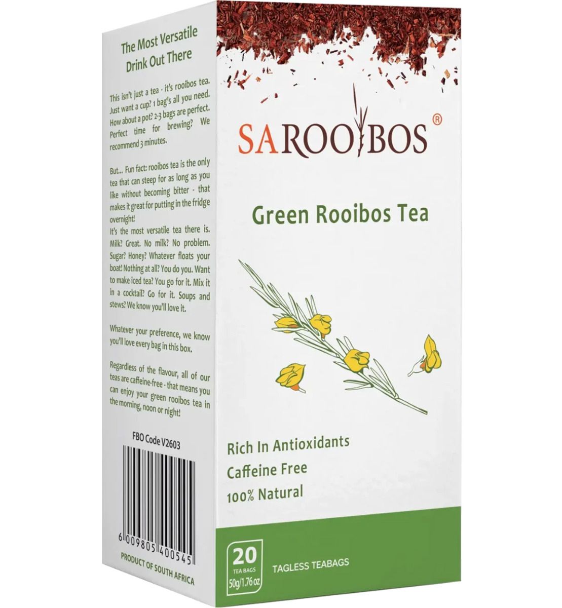 SA ROOIBOS - organiczna herbata Rooibos Green Tea, zielona, bez kofeiny, bogata w antyoksydanty, 20 saszetek