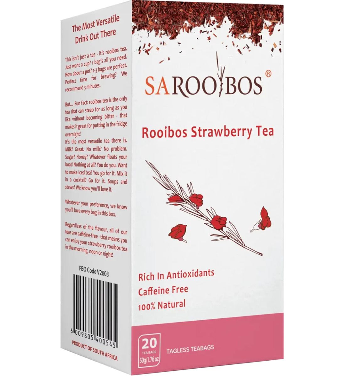 SA ROOIBOS - organiczna herbata Rooibos Strawberry Tea, truskawkowa, bez kofeiny, bogata w antyoksydanty, 20 saszetek