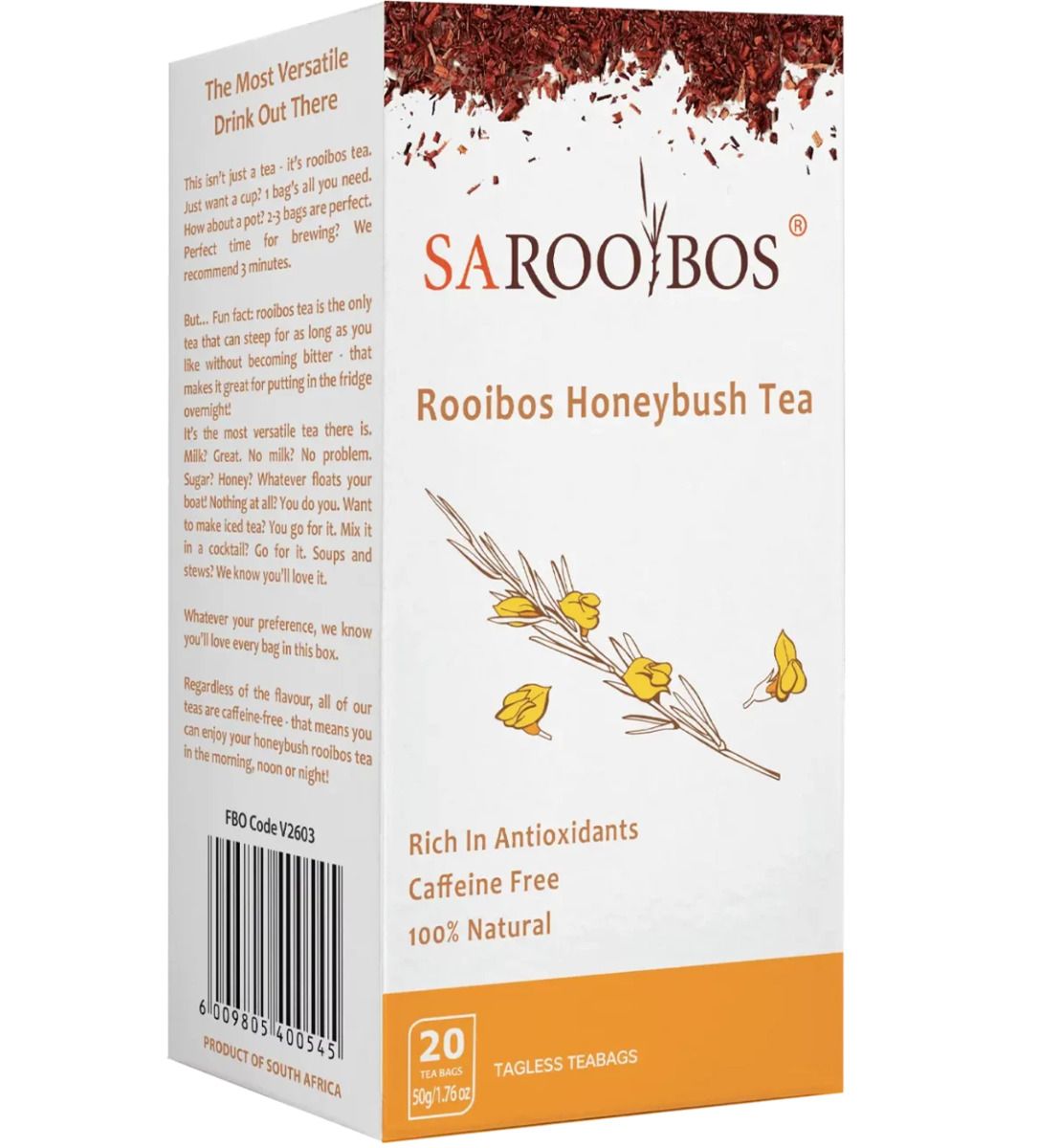 SA ROOIBOS - organiczna herbata Rooibos Honeybush Tea, bez kofeiny, bogata w antyoksydanty, 20 saszetek