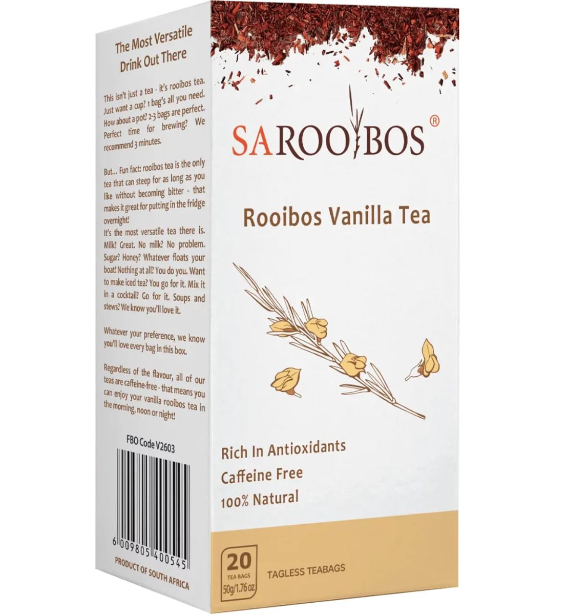 SA ROOIBOS - organiczna herbata Rooibos Vanilla Tea, waniliowa, bez kofeiny, bogata w antyoksydanty 20 saszetek